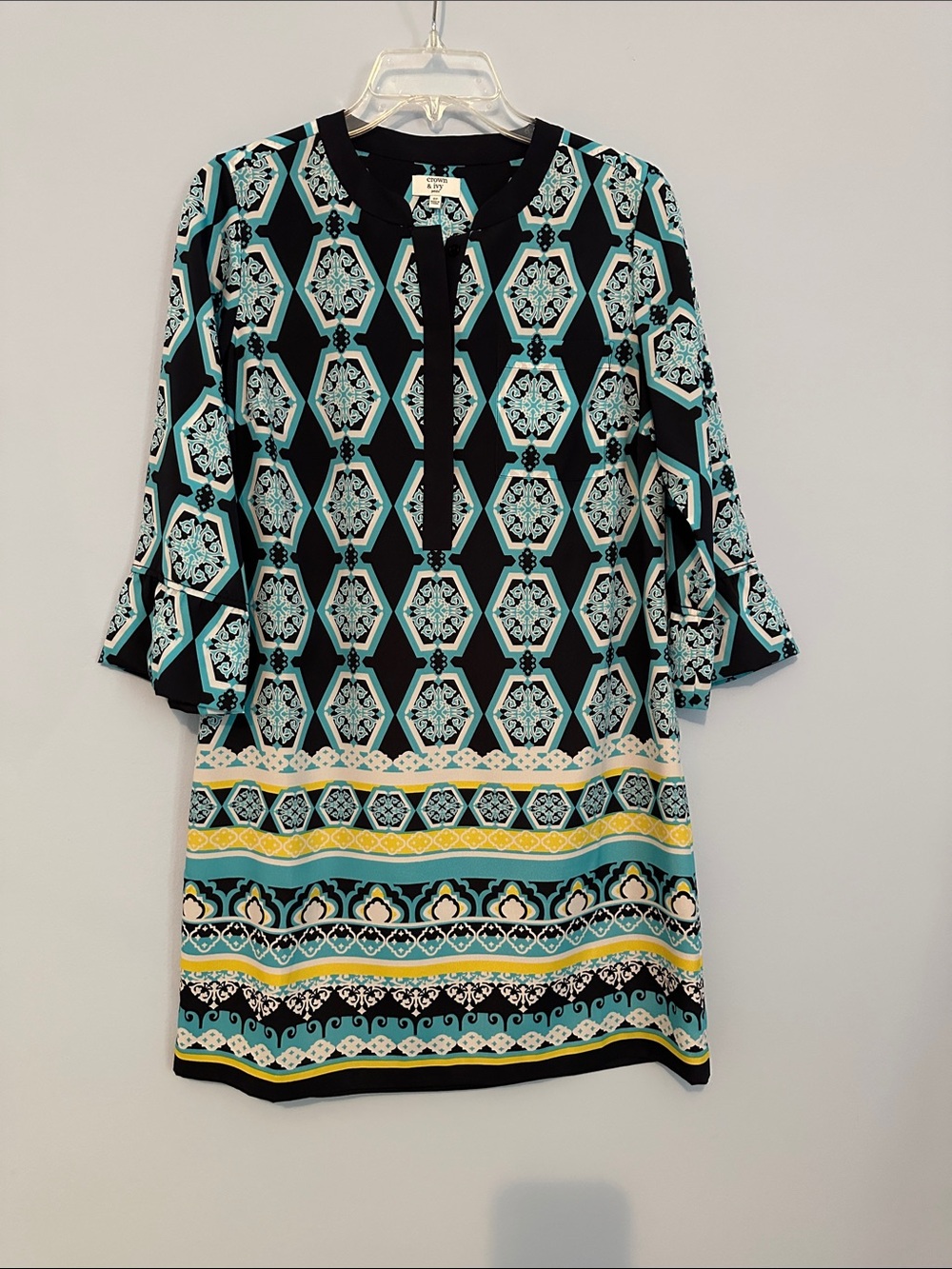 crown & ivy Black, Teal & Yellow Patterned Long Sleeve Dress